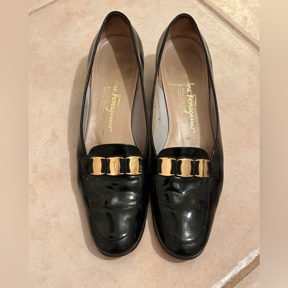 Salvatore Ferragamo Black Flats with Gold Accent